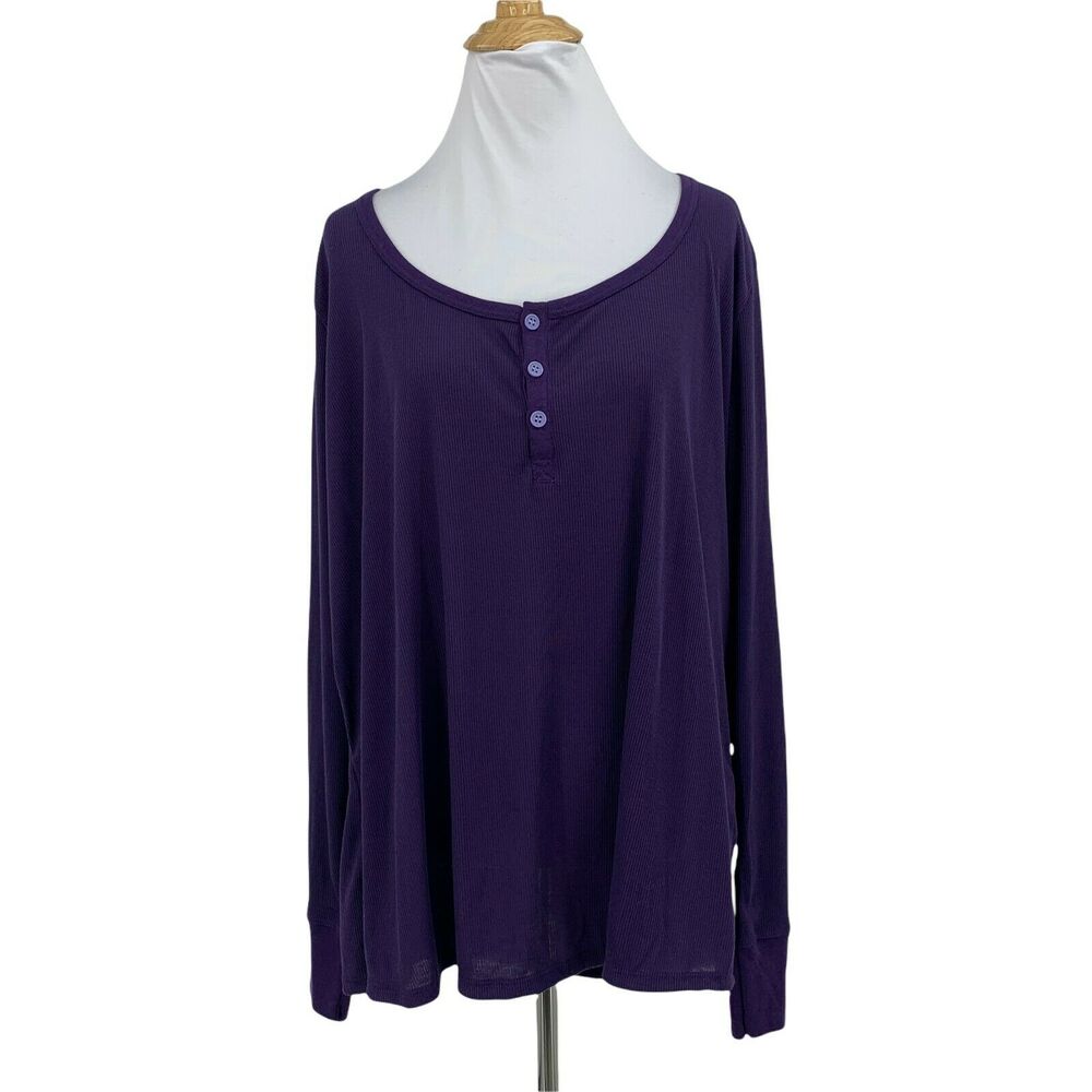 Adore Me Henley Sleep Shirt Plus Size 2X Purple Long Sleeve Rib Stretch Tee